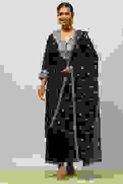 Black Viscose Shantoon Straight Embroidered Kurta Palazzo Suit Set image number 0