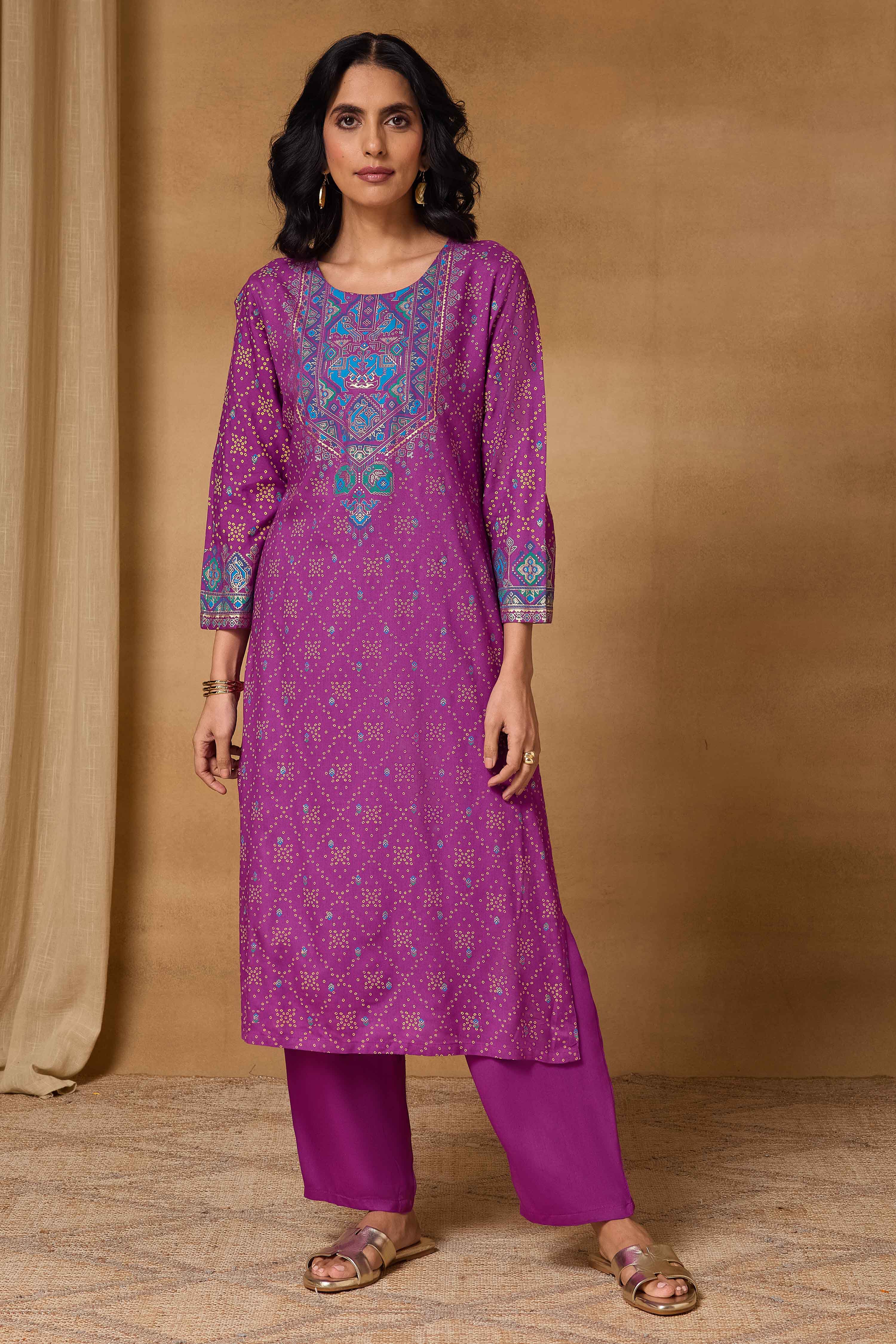Purple Viscose Rayon Straight Printed Kurta Pants Set image number 7