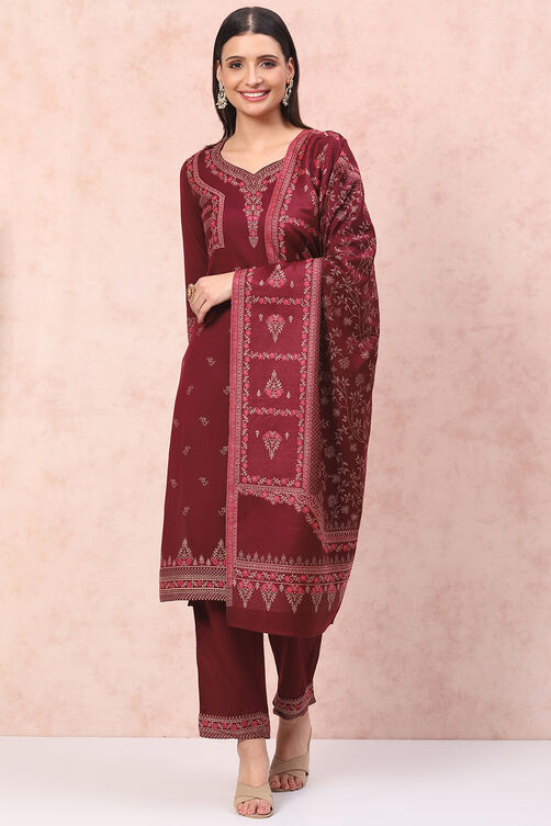 Maroon Art Silk Straight Suit Set image number 0