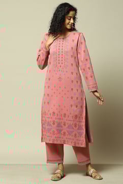 Peach Jacquard Straight Printed Kurta Palazzo Suit Set image number 6