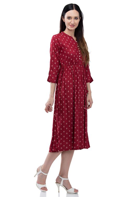 Maroon Flared Viscose Dress image number 3
