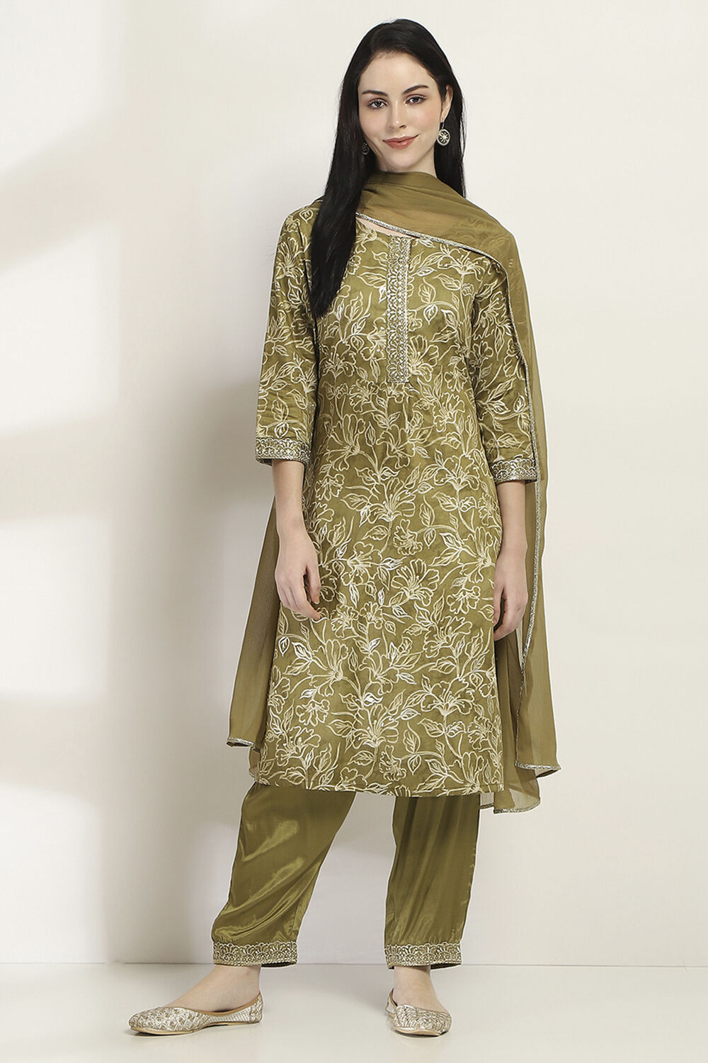 Olive Green Floral Straight Suit Set image number 6