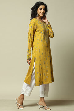 Yellow Acrylic Straight Printed Kurta image number 4