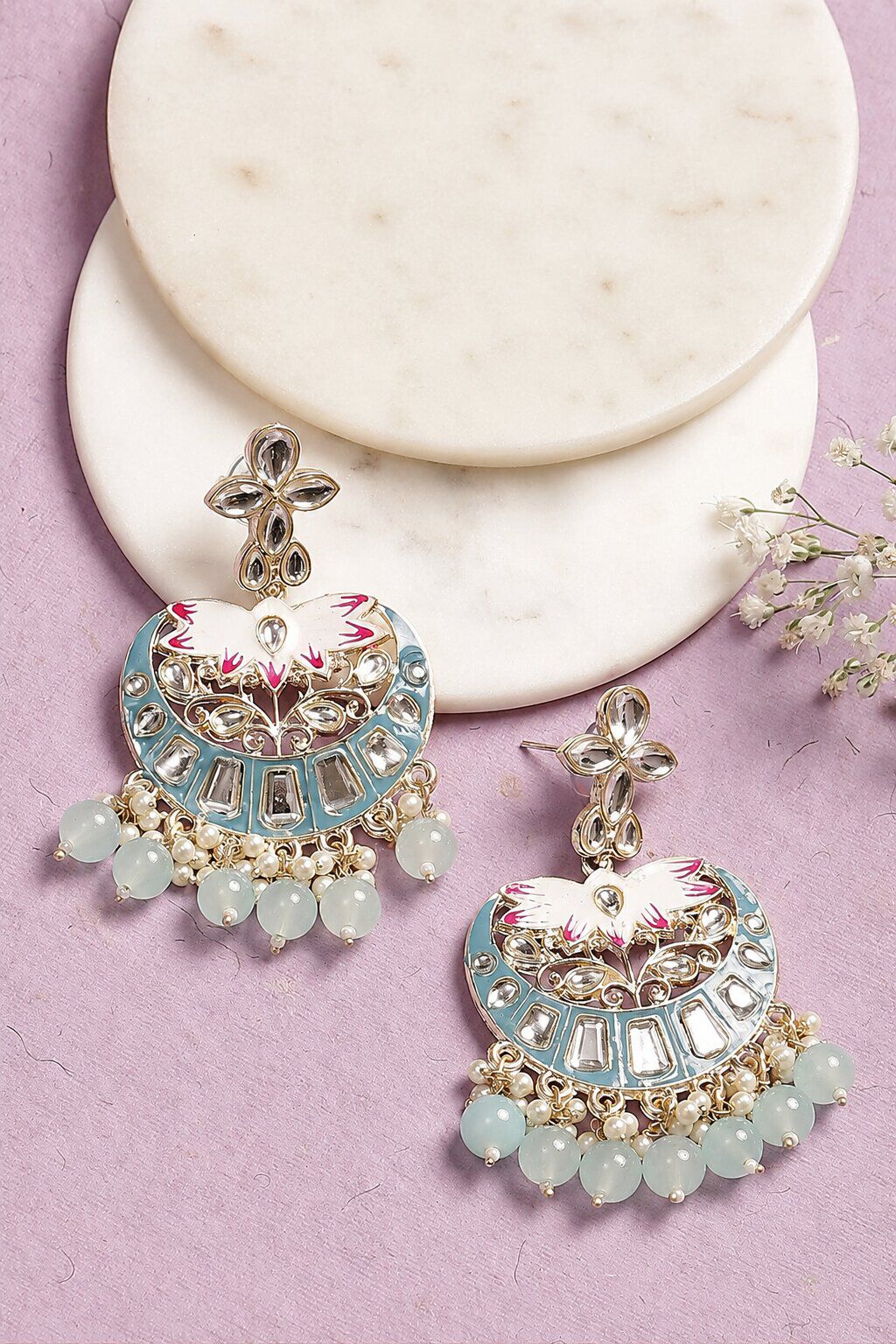 Blue & Pink Alloy Earrings & Maangtika Set image number 0