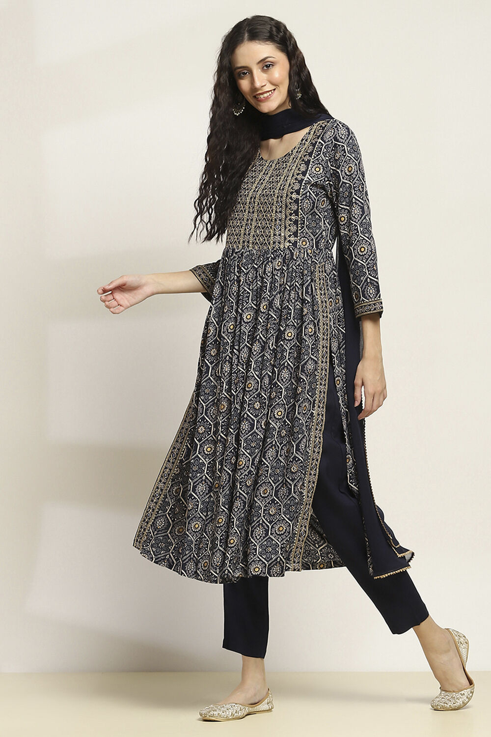 Navy Viscose Rayon Printed Gathered Suit Set image number 3