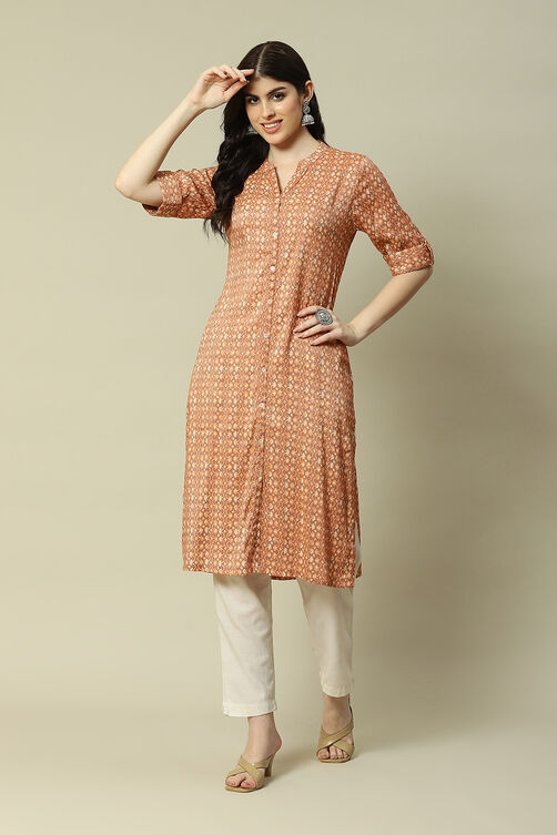 Green LIVA Blend Straight Printed Kurta image number 0