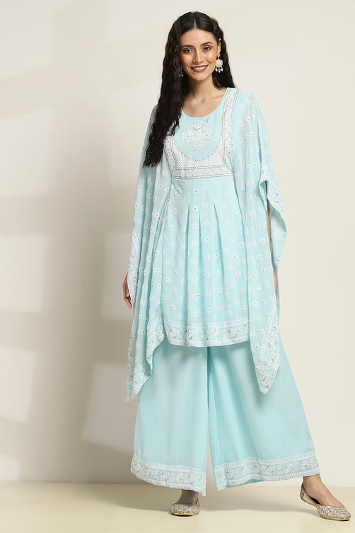 Aqua Printed Kaftan-Style Flared Kurta Set image number 6