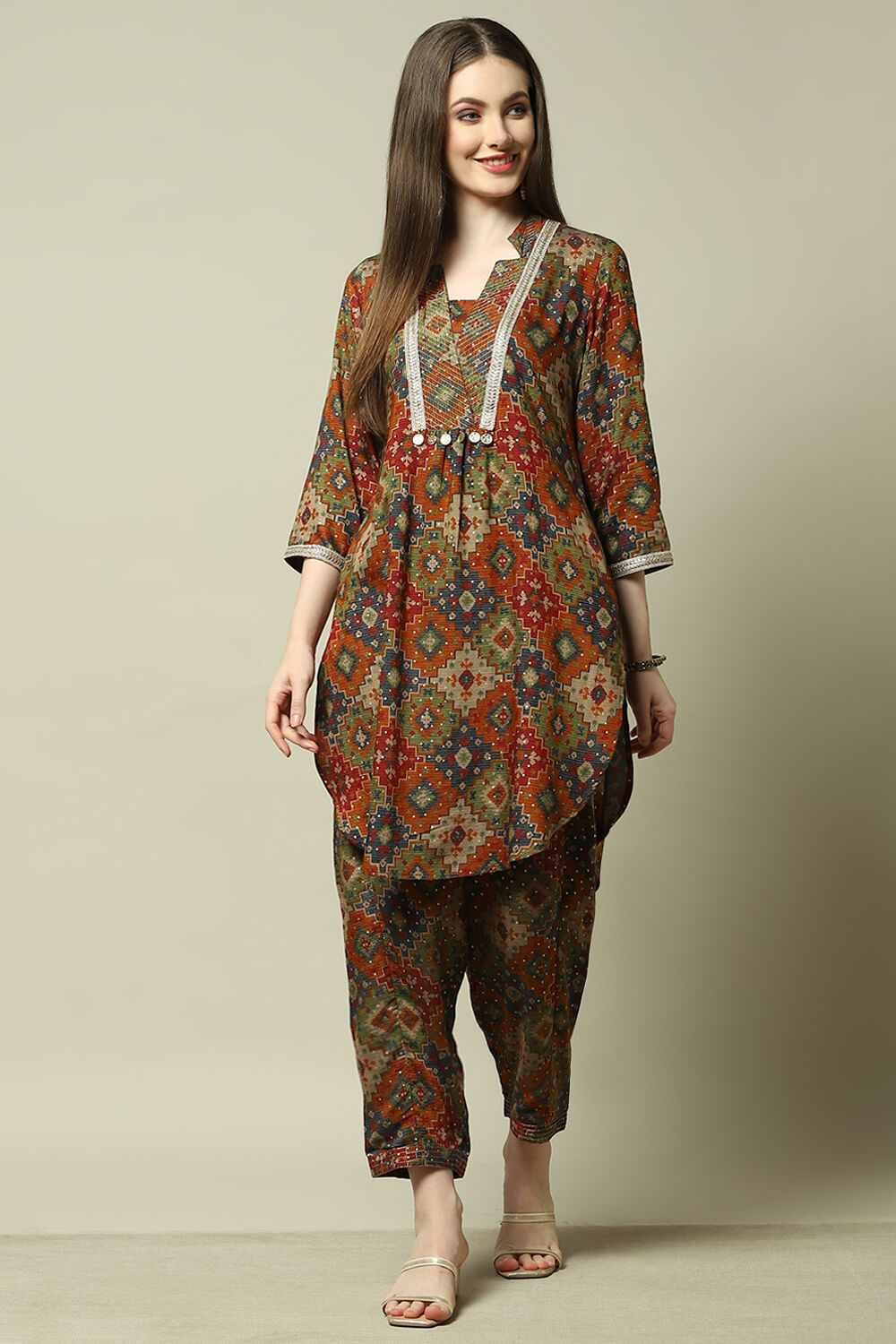 Rust Viscose Blend Printed Straight Co-ord Set image number 6