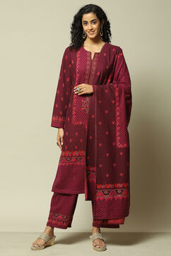 Wine Cotton Blend Straight Printed Kurta Palazzo Suit Set image number 7