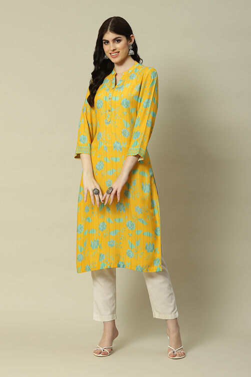 Mustard LIVA Straight Printed Kurta image number 5