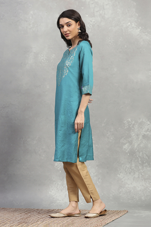 Teal Viscose Blend Solid Straight Kurta image number 2