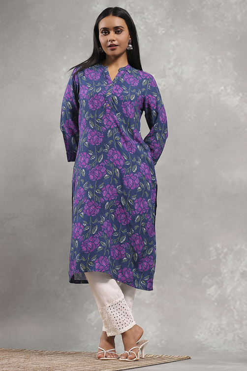 Blue Floral Printed Straight Kurta image number 0