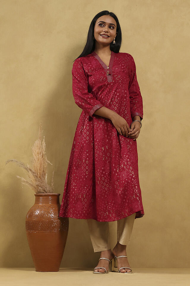 Rangriti Rayon Printed Kalidar Kurta in Red