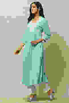 Cyan Blue Rayon Slub Tiered Dress image number 3