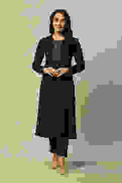 Black Cotton Blend Yarndyed Kurta image number 5