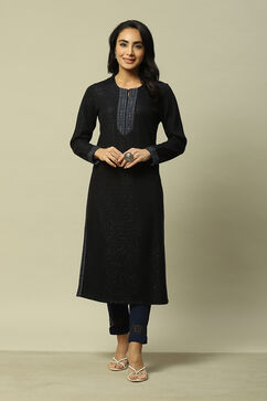 Black Cotton Blend Yarndyed Kurta image number 5