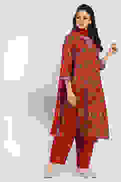 Maroon Cotton Blend Floral Straight Suit Set image number 5