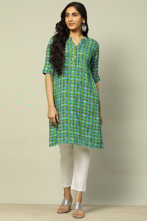 Blue Geometric Printed Straight Kurta image number 5