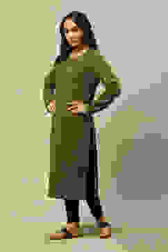 Olive Cotton Blend Straight Printed Kurta image number 2