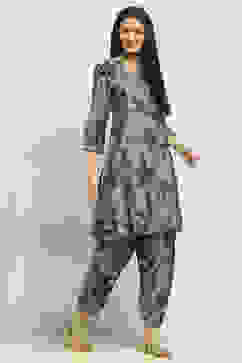 Grey Viscose Blend Printed A-Line Kurta Pants Set image number 5