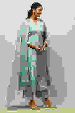 Dusty Blue Viscose Shantoon Kalidar Embroidered Kurta Palazzo Suit Set image number 5