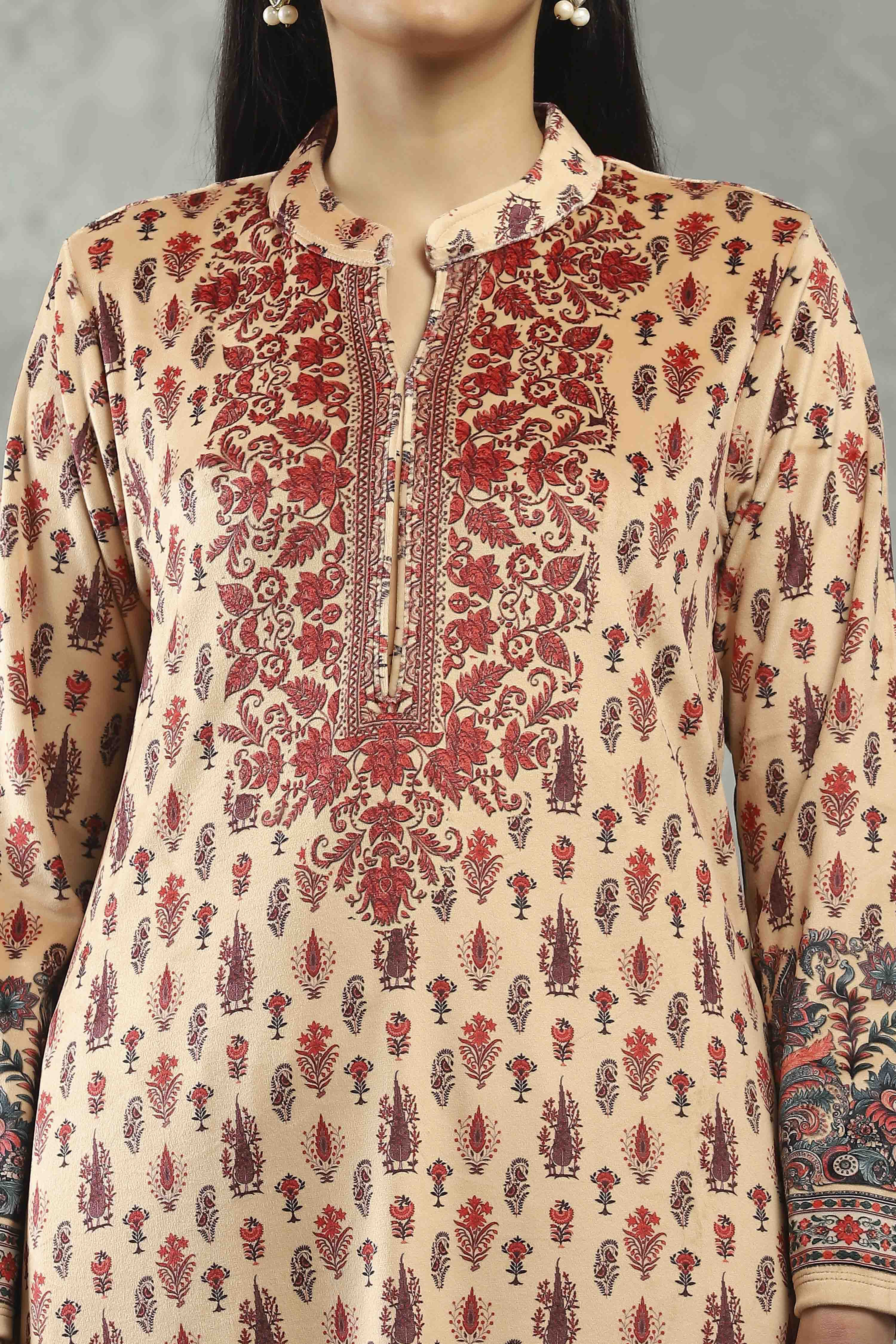 Beige Polyester Printed Straight Suit Set image number 1