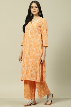 Orange LIVA Woven Straight Kurta Suit Set image number 3