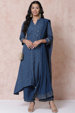 Indigo LIVA Asymmetric Kurta image number 4