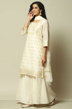 Off White Polyester Straight Yarndyed Kurta Palazzo Suit Set image number 4