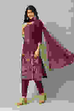 Purple LIVA Straight Printed Kurta Palazzo Suit Set image number 5