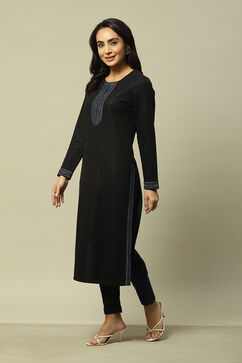 Black Cotton Blend Yarndyed Kurta image number 2