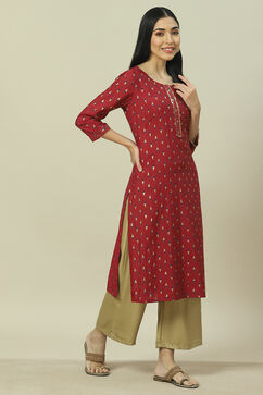 Maroon LIVA Straight Kurta image number 3