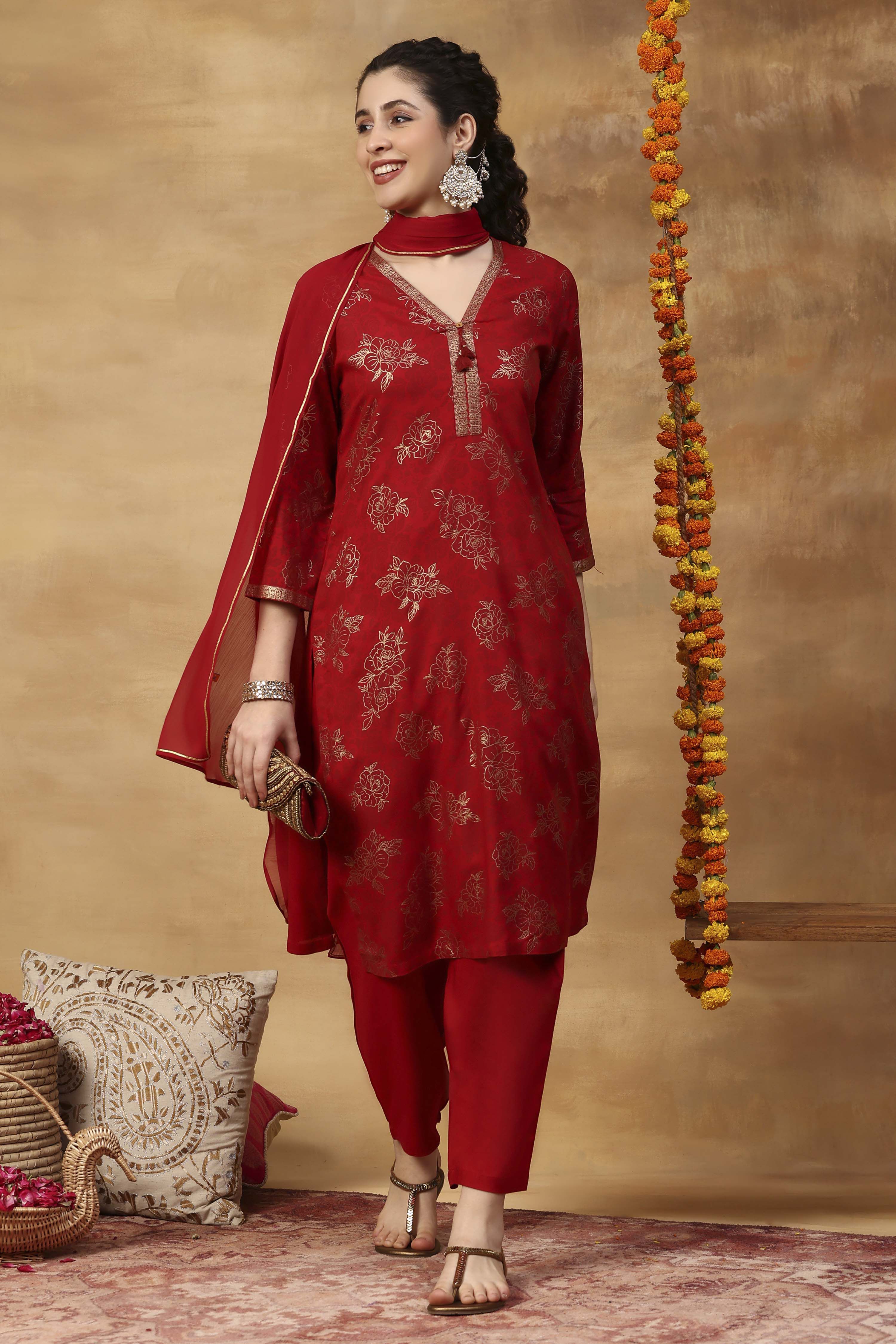 Red Printed Viscose Rayon Straight Kurta Set image number 6