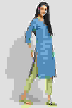 Aqua Viscose Blend Printed Straight Kurta image number 4