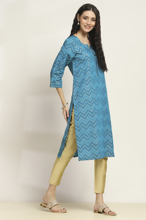 Aqua Viscose Blend Printed Straight Kurta image number 4