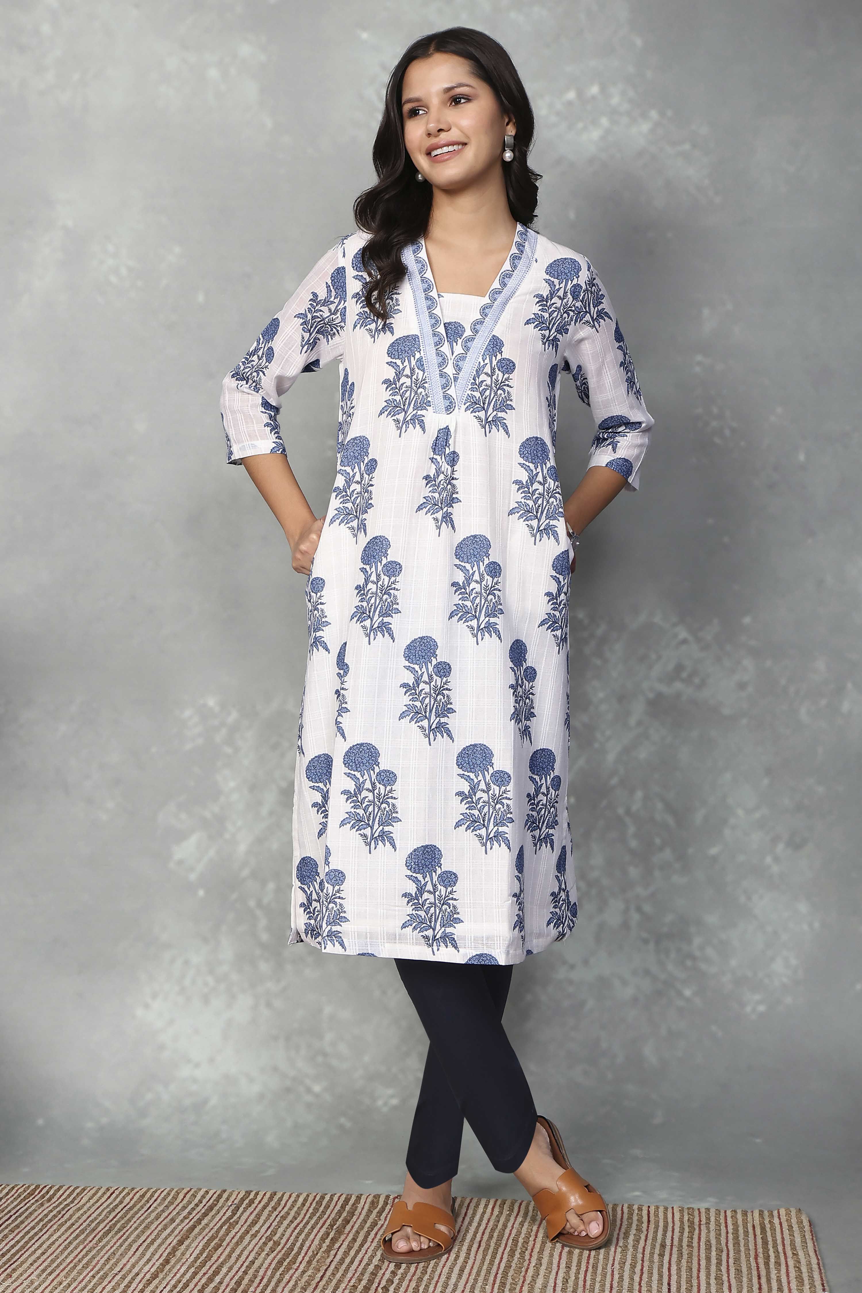 White Cotton Printed Straight Kurta image number 0