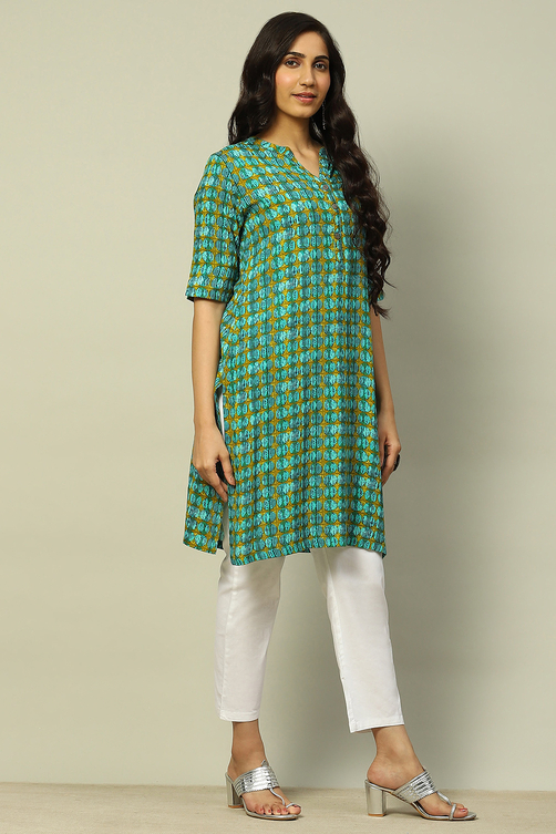 Blue Geometric Printed Straight Kurta image number 4