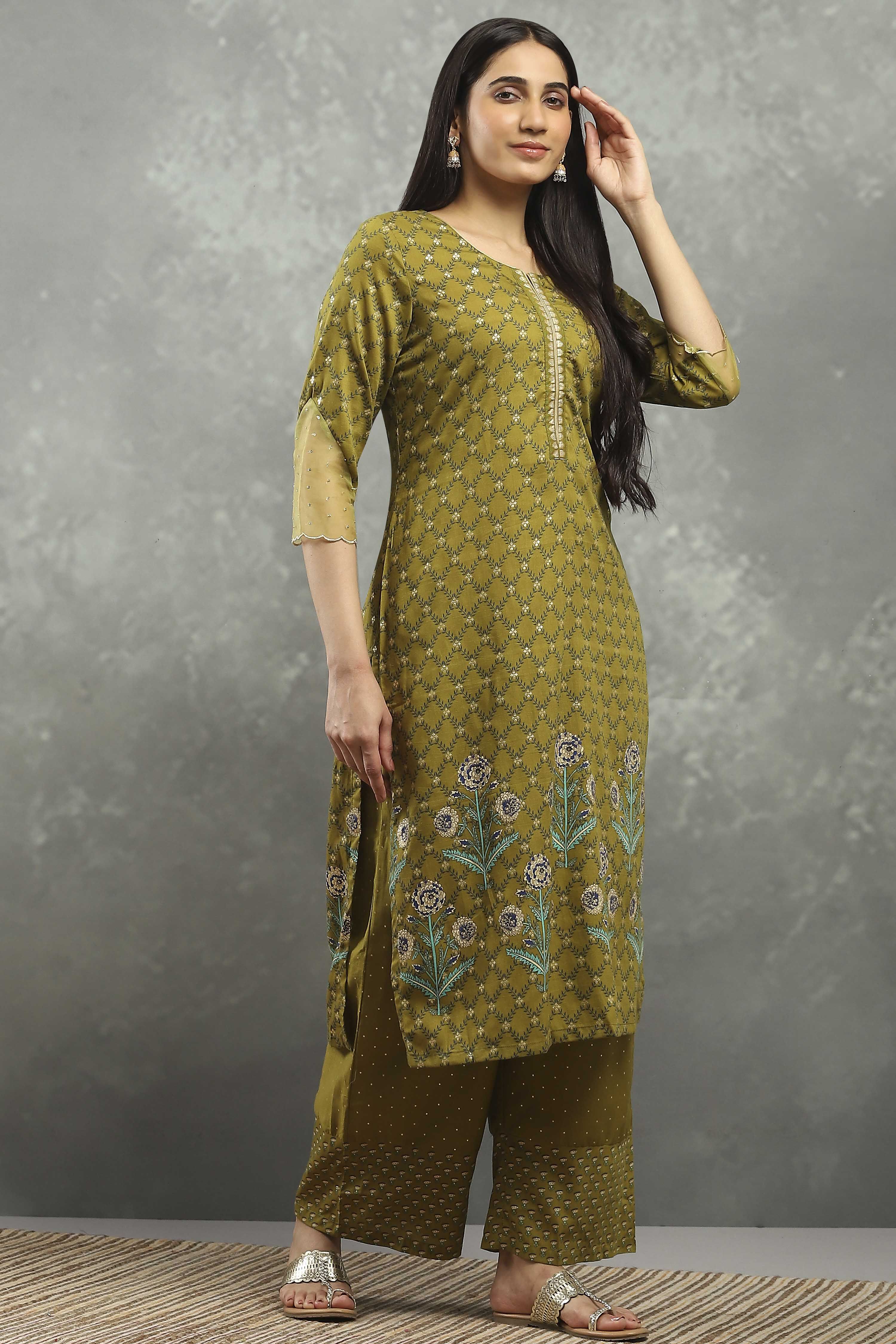 Green Polyester Straight Kurta Pants Set image number 5