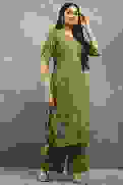 Green Polyester Straight Kurta Pants Set image number 5