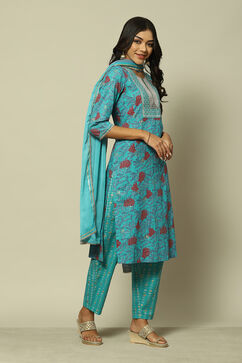 Aqua Blue Cotton Straight Printed Kurta Palazzo Suit Set image number 6