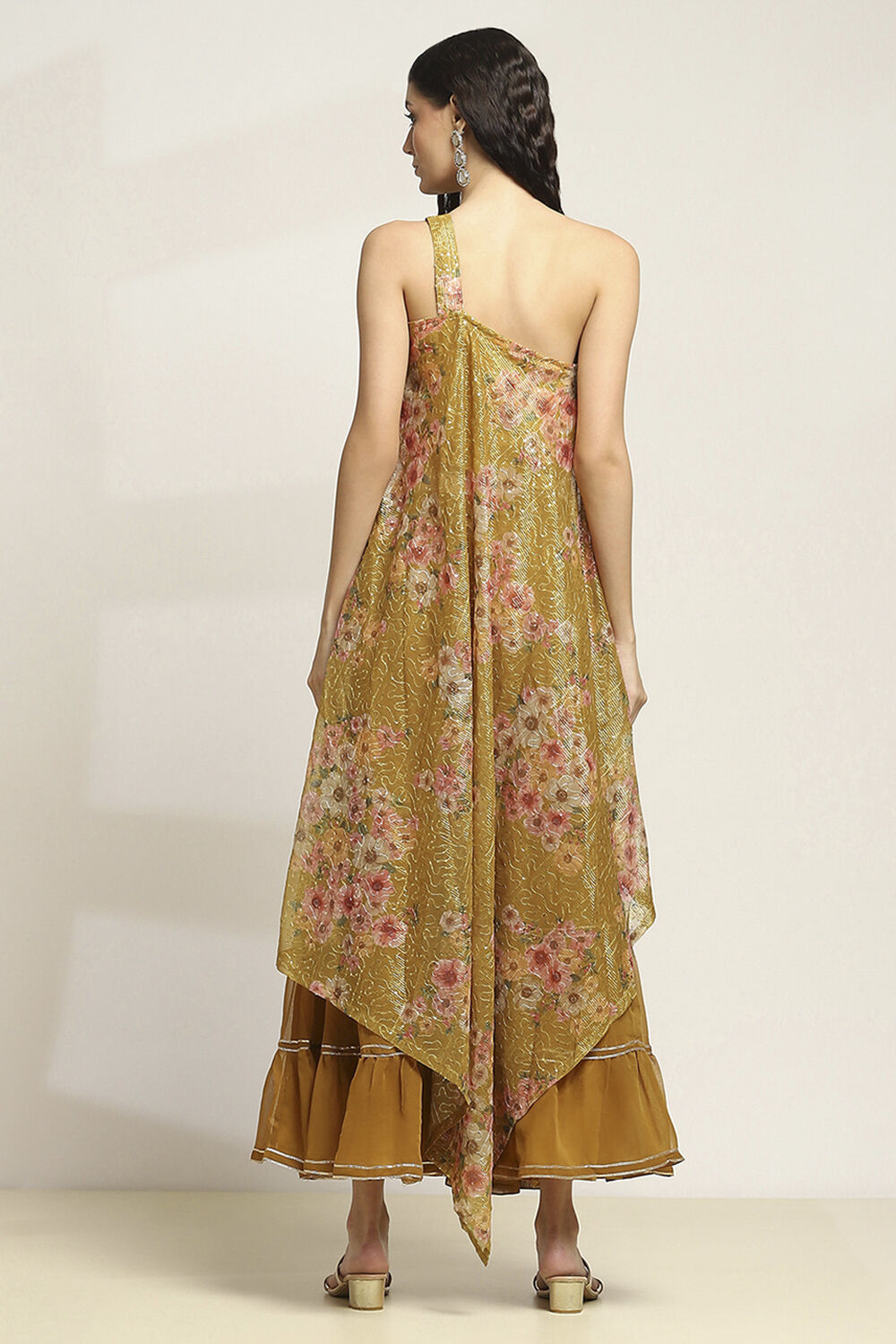 Yellow Poly Georgette Asymmetric Printed Kurta Sharara Suit Set image number 4