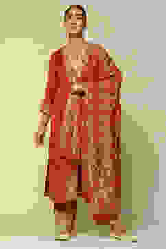 Rust-Red Acrylic Straight Yarn Dyed Kurta Palazzo Suit Set image number 6