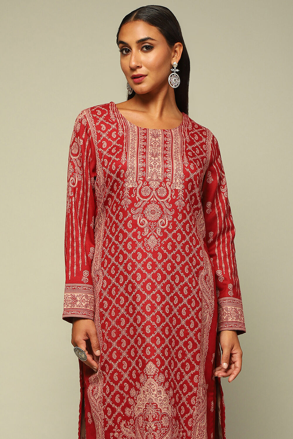 Red Acrylic Straight Yarn Dyed Kurta Palazzo Suit Set image number 1