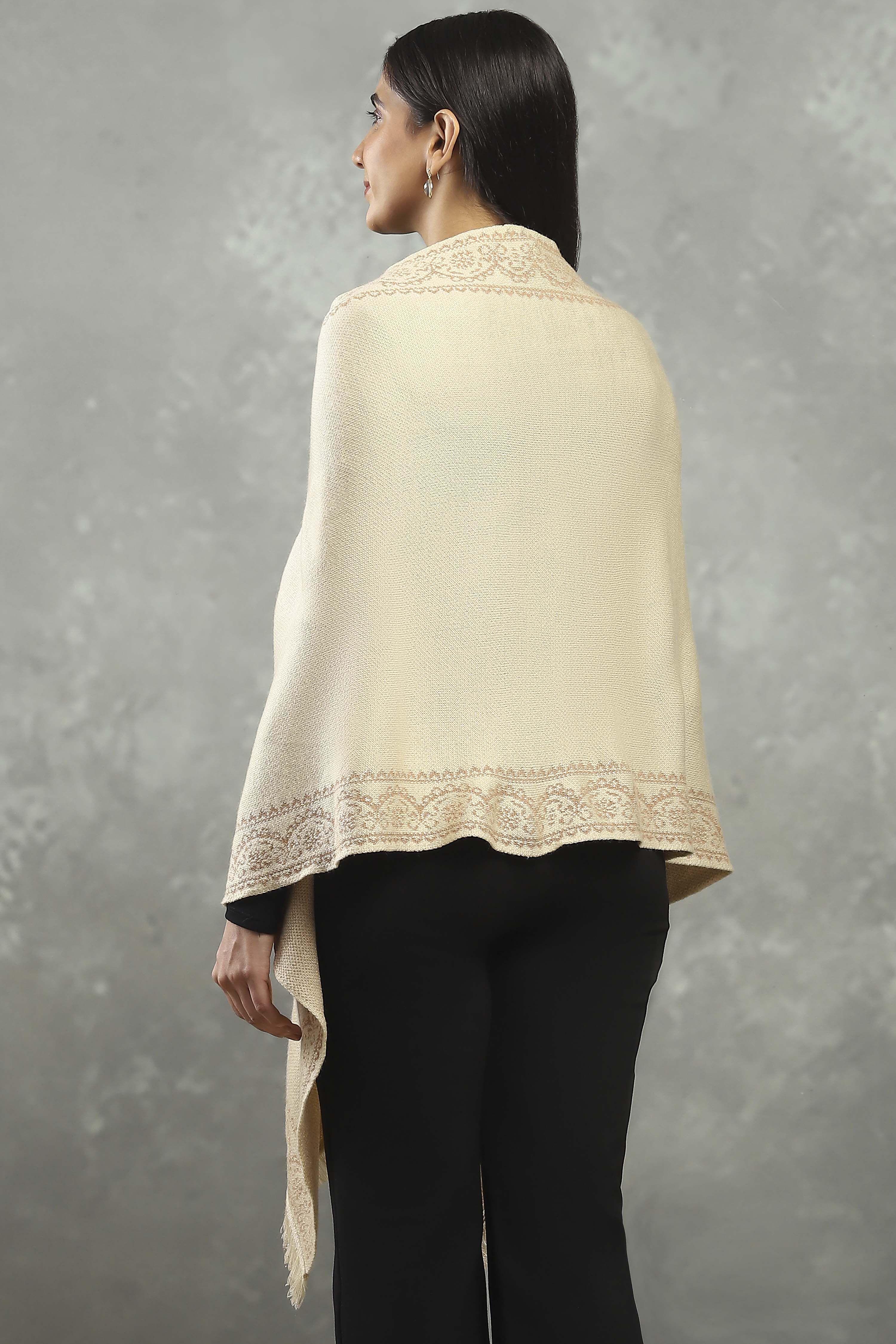 Off White Polyester Yarndyed Cape  image number 3