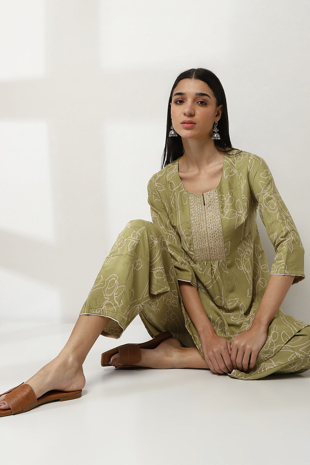 Lime Green Printed Straight Co-ord Set image number 0