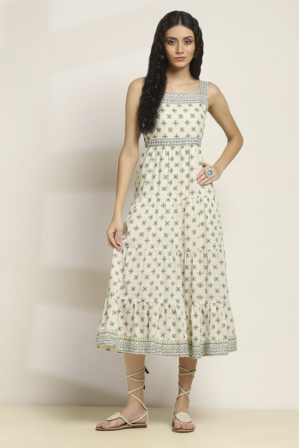 Off-White Cotton Printed Tiered Dress image number 6