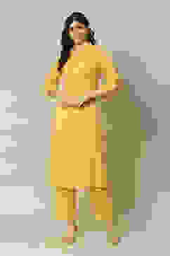 Yellow Cotton Blend Straight Printed Kurta Palazzo Suit Set image number 0