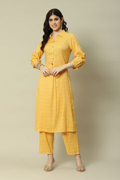 Yellow Cotton Blend Straight Printed Kurta Palazzo Suit Set image number 0