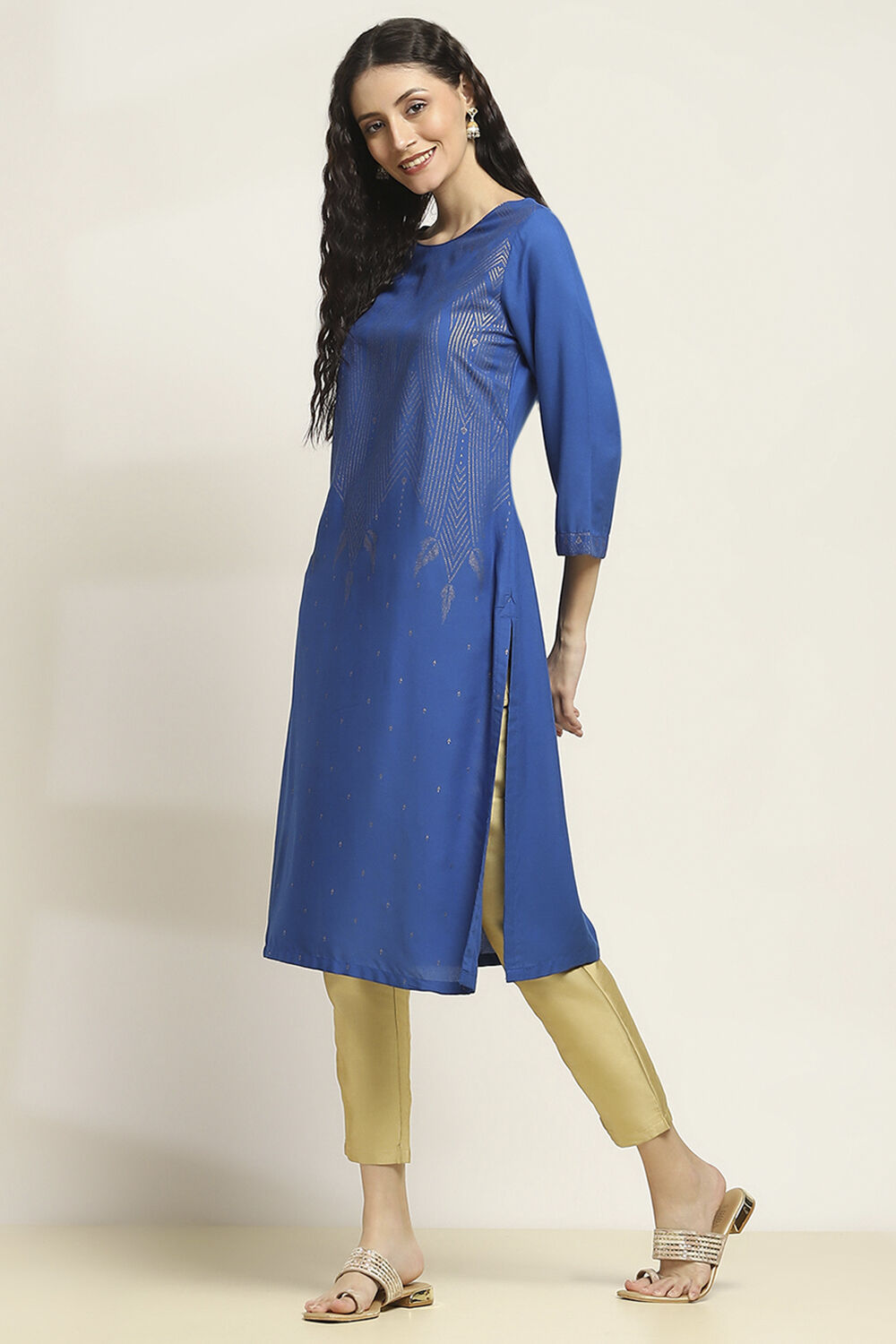 Blue Printed Straight Kurta image number 2