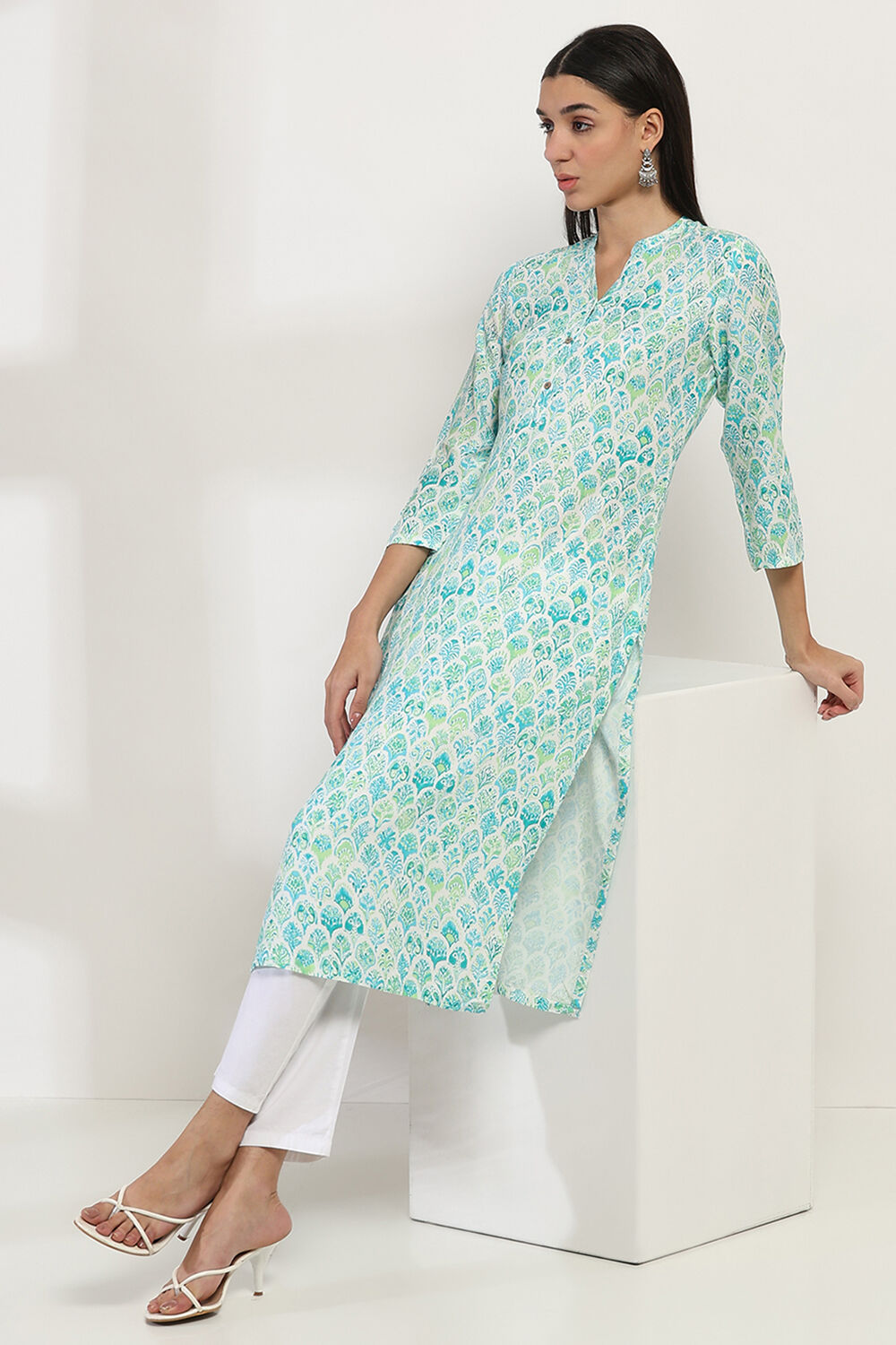 Sea Green Printed Straight Kurta image number 0